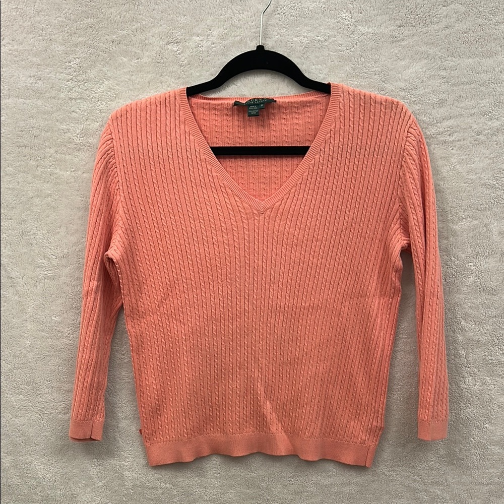 Ralph Lauren Pink V-Neck Sweater with Ribbed Detailing